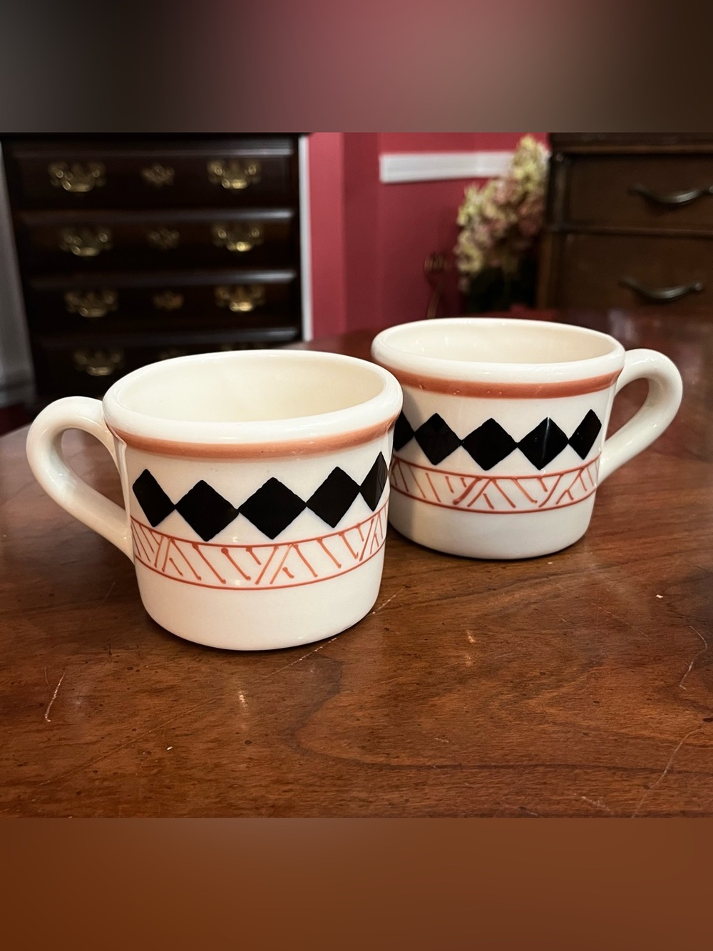 2 Hartstone USA Pottery Southwest Center Diamond Coffee Cups VTG Geometric 1979